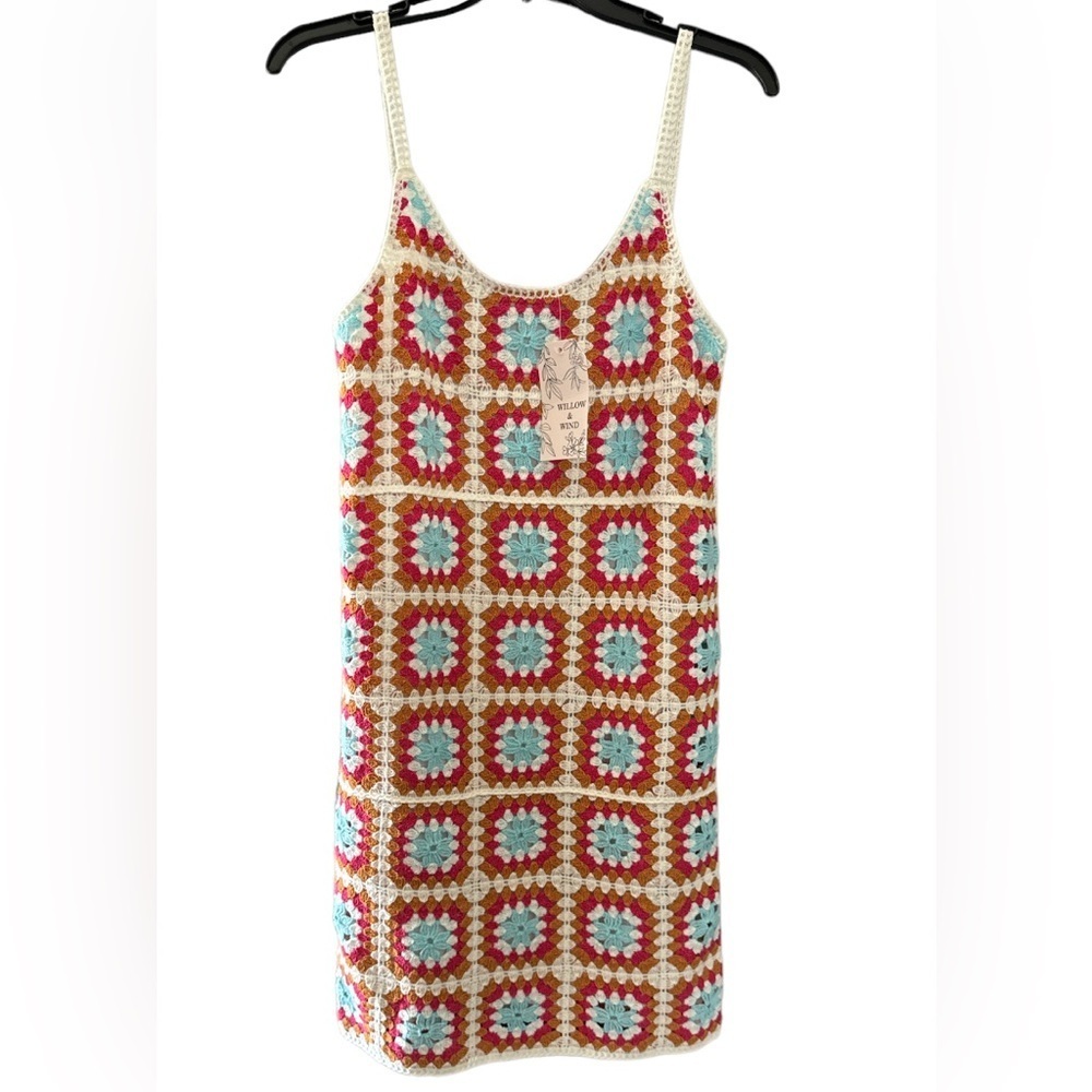 Crochet Mini Dress with Multicolor Square Pattern